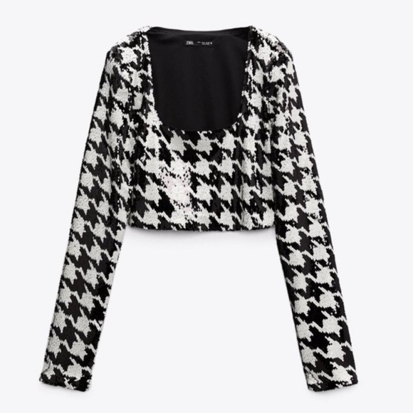 ZARA Black Silvery White Sequin Houndstooth Long Sleeve Crop Top - Picture 2 of 16